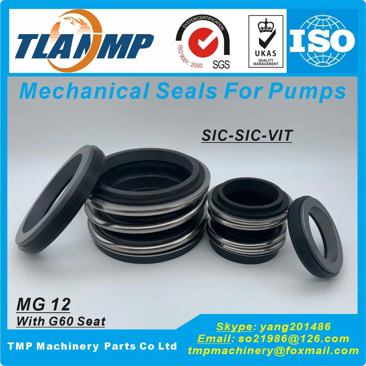 MG12/28-Z, MG12/28-G6, MG12/28-G60 Q1Q1VGG Rubber Bellow Mechanical Seals for Pumps (Material:SiC/SiC/VIT)