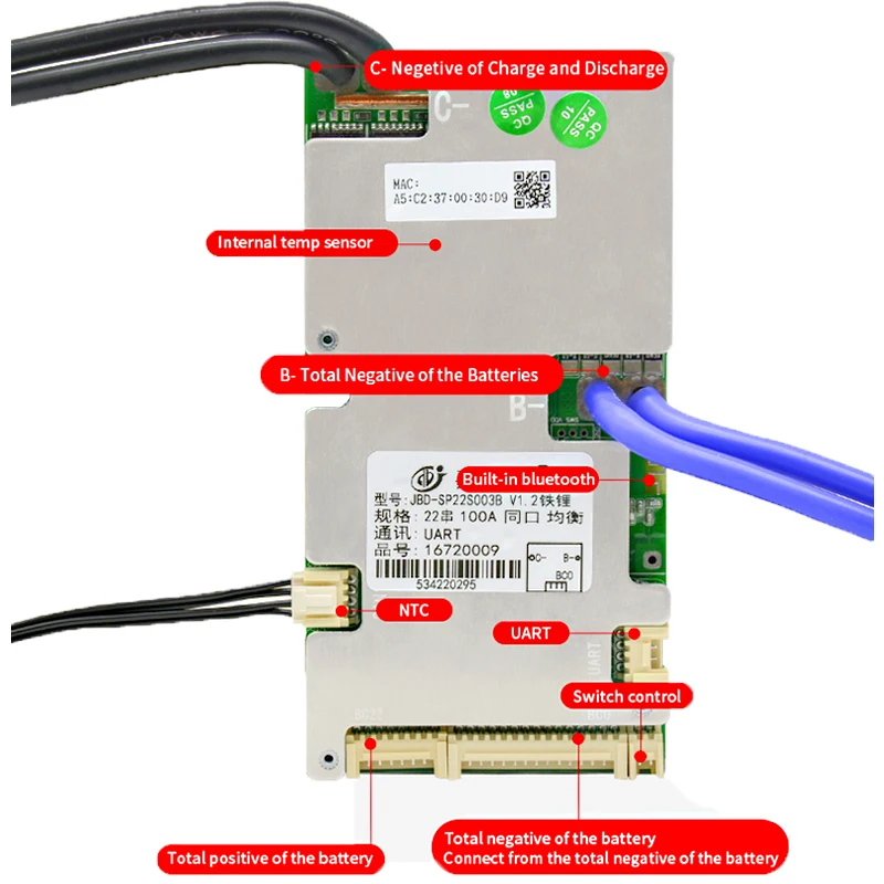 JBD 스마트 BMS 6S 8S 10S 12S 14S 15S 16S 18S 20S 21S 22S 리튬 이온 BMS Lifepo4 100A 80A 50A 40A 24V 36V 48V 60V NTC 내장 BT