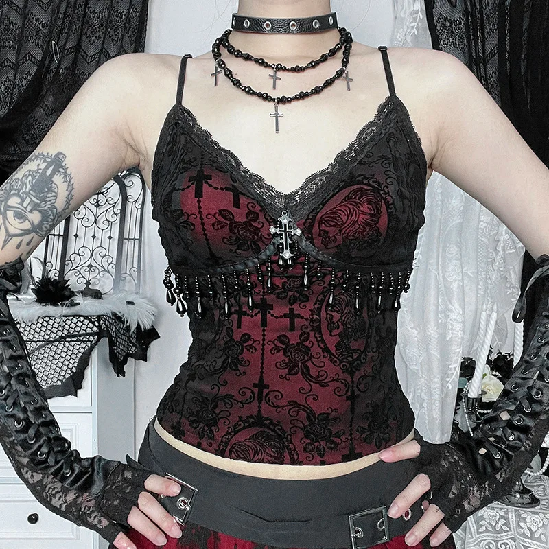 Vintage Mall Gothic Flocking Camisole Women Aesthetic Fairycore Grunge Y2k E-girl Lace Patchwork Beading Crop Tank Tops 3