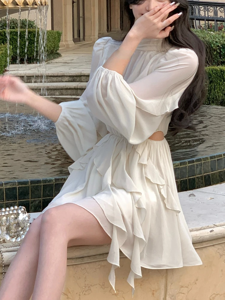 white christmas dresses Women Solid Color Casual Chiffon Dress Elegant Double Ruffle Sexy Off –  jetechband main image 1