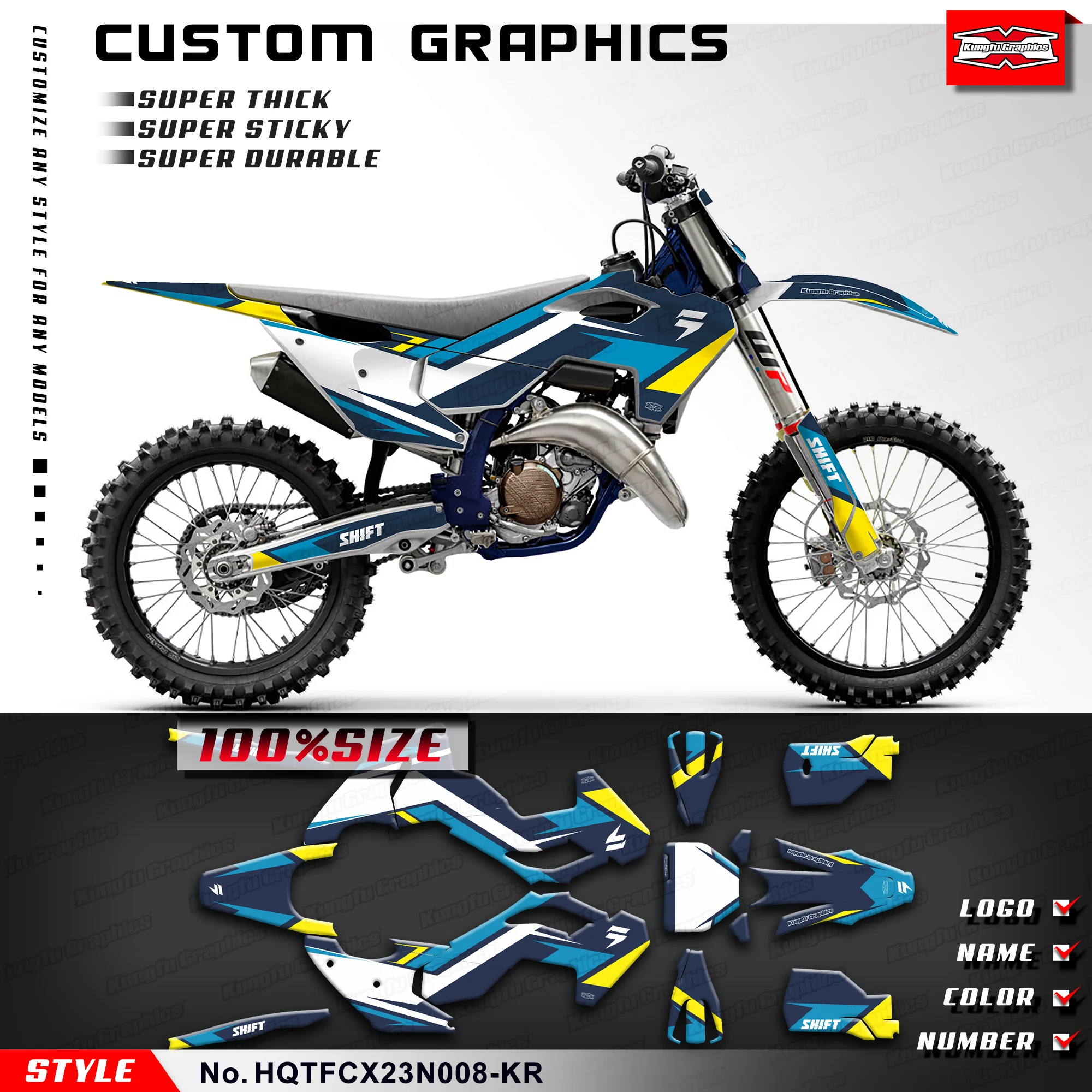 KUNGFU GRAPHICS Off Road Sticker Decal Kit for Husqvarna TC125 TC250 FC250 FC350 FC450 / TX300 FX350 FX450 2023 2024, Blue