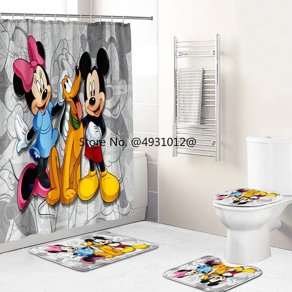 

Disney 4Pcs Disney Mickey Mouse Shower Curtain Waterproof Polyester Bathroom Drapes Anti-slip Bath Mats Set Toilet Rugs Carpet
