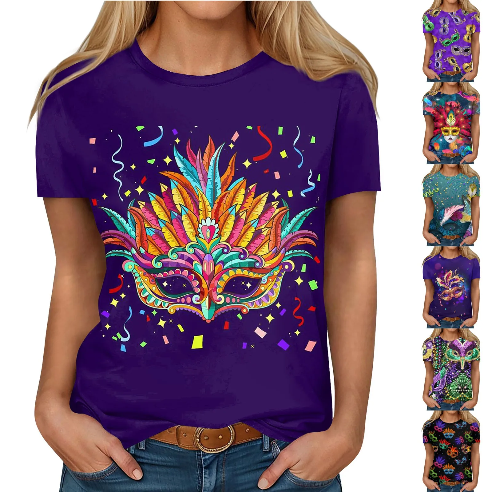 

Chic Short Sleeve Shirts For Women Cute Tops Carnival Of The Masks Prints Tees Blouses Casual Plus Size Basic Tops Pullover