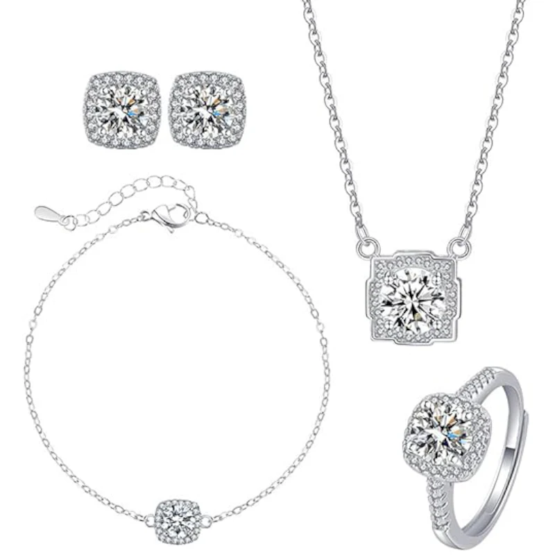 

PJS6 Свадебные Ювелирные наборы из Кубического циркония для невесты ожерелье серьги браслет Открытое кольцо комплект для женщин