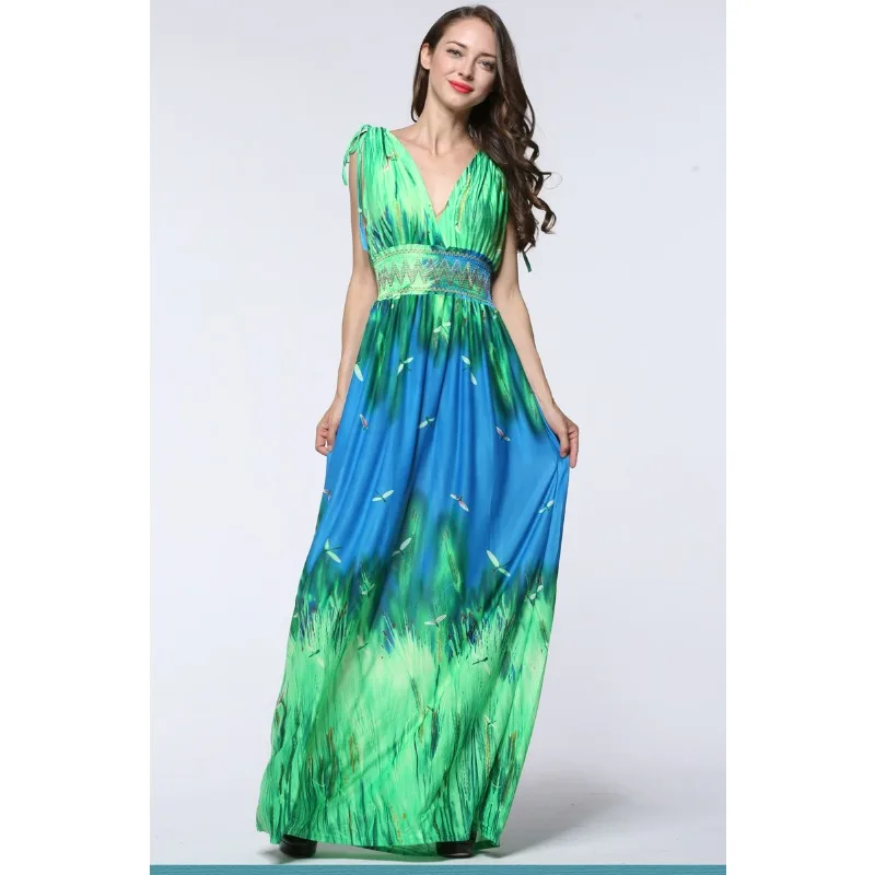 

Large size new color sexy deep V long skirt waist slim beach holiday dress