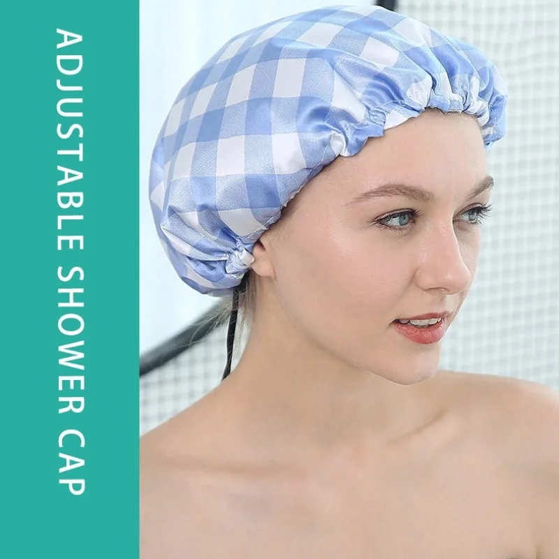 Shower Caps Reusable Waterproof Bath Cap Extra Large Shower Cap Double Layer with PEVA Lining Adjustable Elastic Band