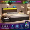 Queen Size Bed Frame with Charging Station and LED Lights, Upholstered Bed with Adjustable Headboard and 4 Storage Drawers 4