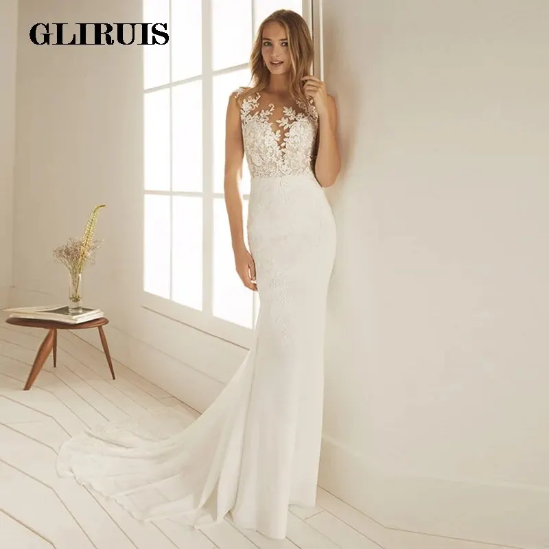 

Eightale Mermaid Wedding Dresses 2019 O-Neck Appliques Boho Bridal Gowns illusion Back Chiffon Wedding Party Dress Free Shipping