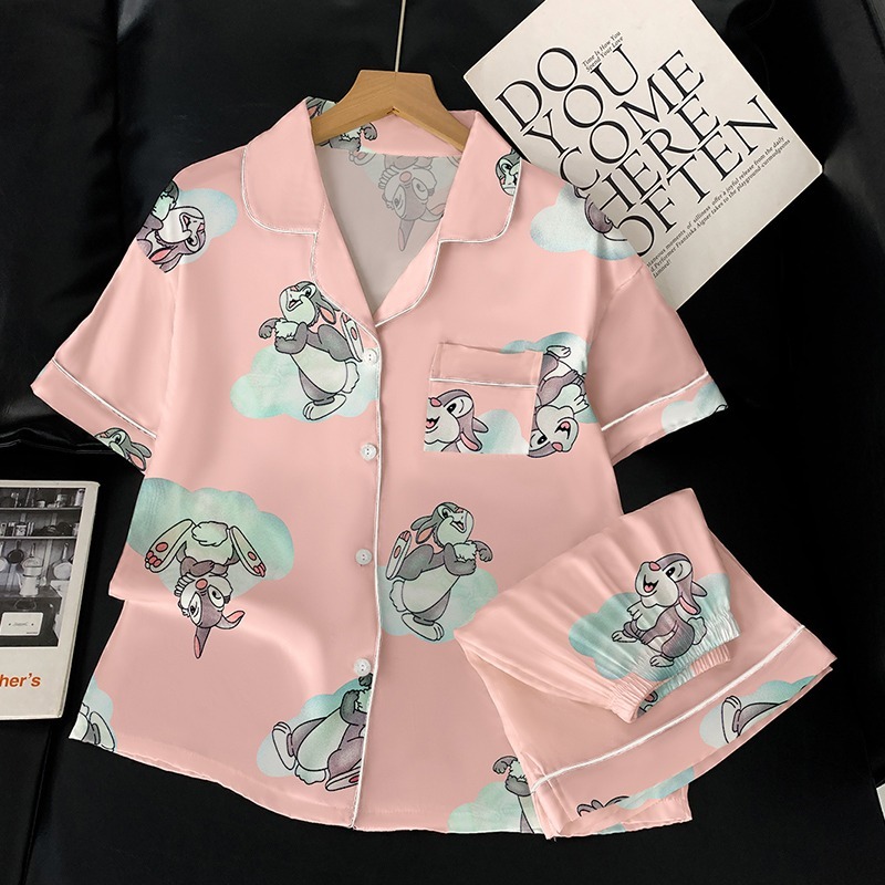 Large size ice silk cute long ears rabbit women's pajamas summer new short-sleeved shorts lapel girls homewear two-piece suit