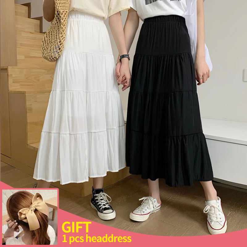 Spring Summer Women Chiffon Skirts Vintage High Waist Elastic Patchwork White Black Chic Long Cake A-line Skirt for Student |