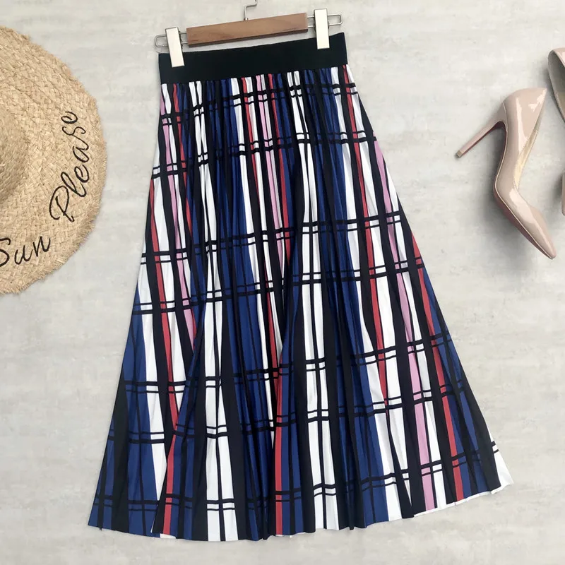 

Spring Summer Women Pleated Skirts Colorful Plaids Print Midi Skirt High Waist Casual Style A Line Fashion Long Skirt