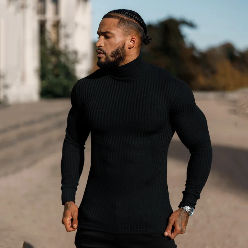 Father Sons Classic Black Ribbed Knit Roll Neck Pullover New Men Long  Sleeve T-Shirt Sports Fitness Tight Casual Bottom Shirt - AliExpress