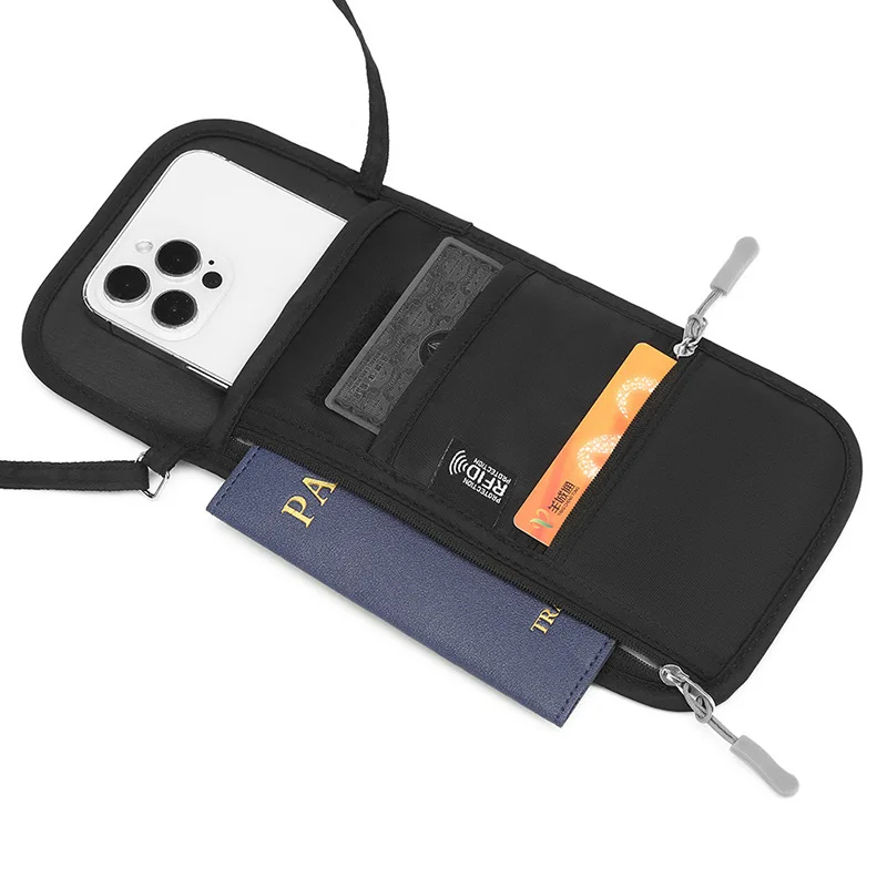 Portable Crossbody Bag Travel Passport Document Bag Multi-Function Ticket Card Storage Bag Oxford Cloth Neck Hanging Phone Bags