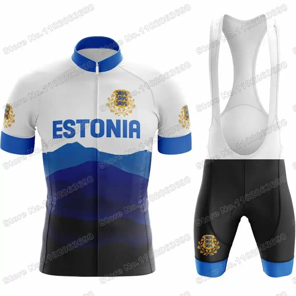 Estonia National Team Cycling Jersey Set Summer Cycling Clothing Men Road Bike Suit Bicycle Bib Shorts MTB Riding Uniform