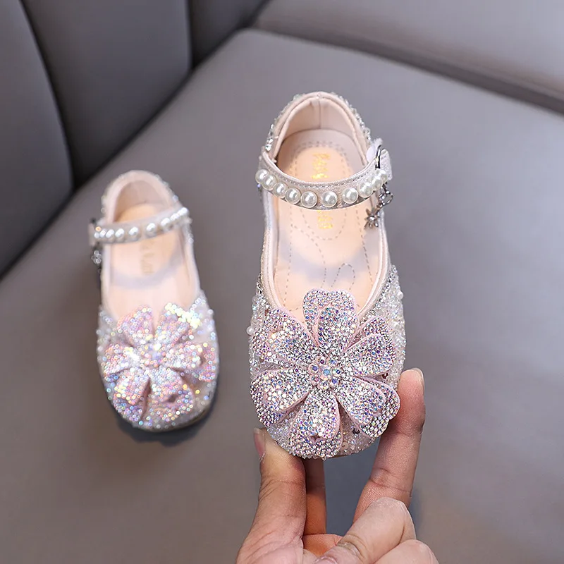 Girls Leather Flat Shoes with Rhinestone for Autumn Party