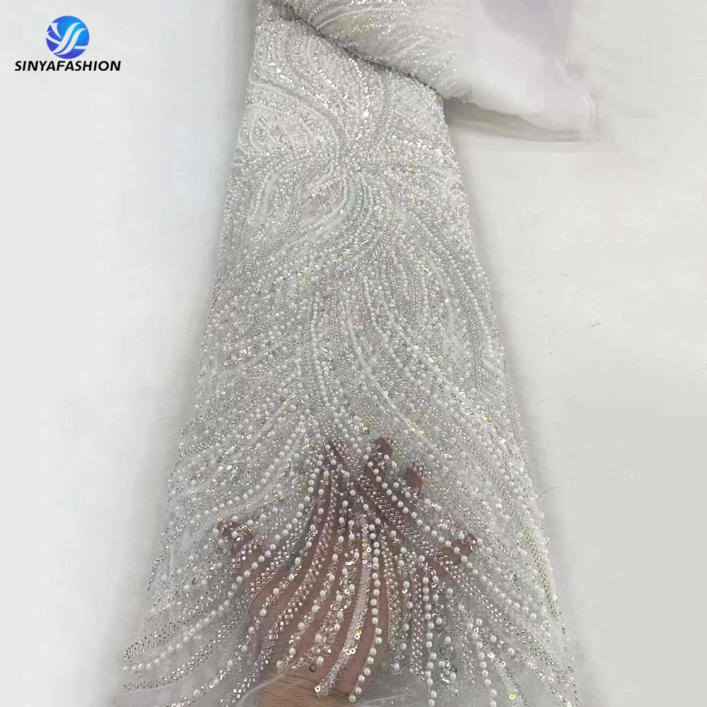 

Sinya White Bridal Nigerian African Wedding Luxury French Tulle Embroidery Sequins Beaded Lace Fabric 5 Yards High Quality Laces