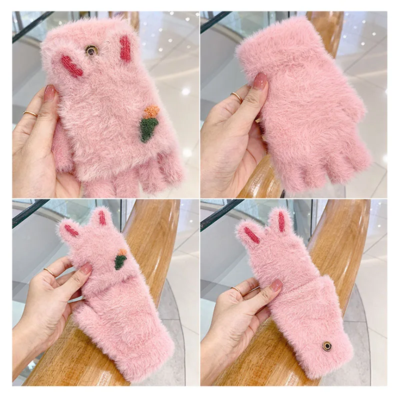 Winter Baby Plush Gloves Cute Cartoon Warm Toddler Half Finger Gloves Outdoor Thicken Kids Girls Boys Mittens