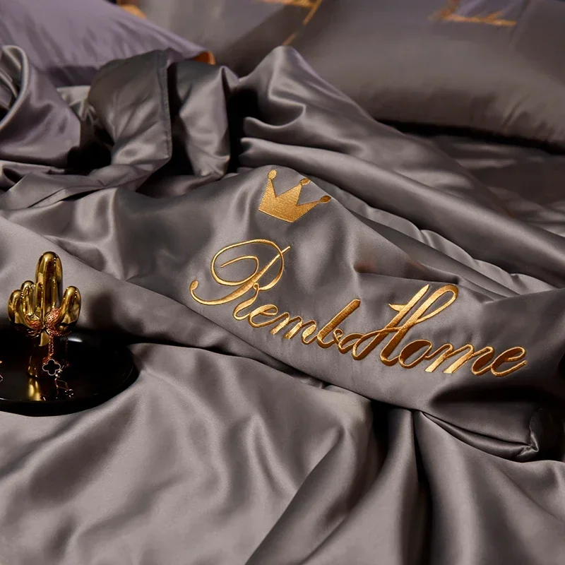 4/3/1 Pcs Ice Silk Summer Quilt Set Embroidery Silky Cool Feel Breathable Air Conditioning Comforter