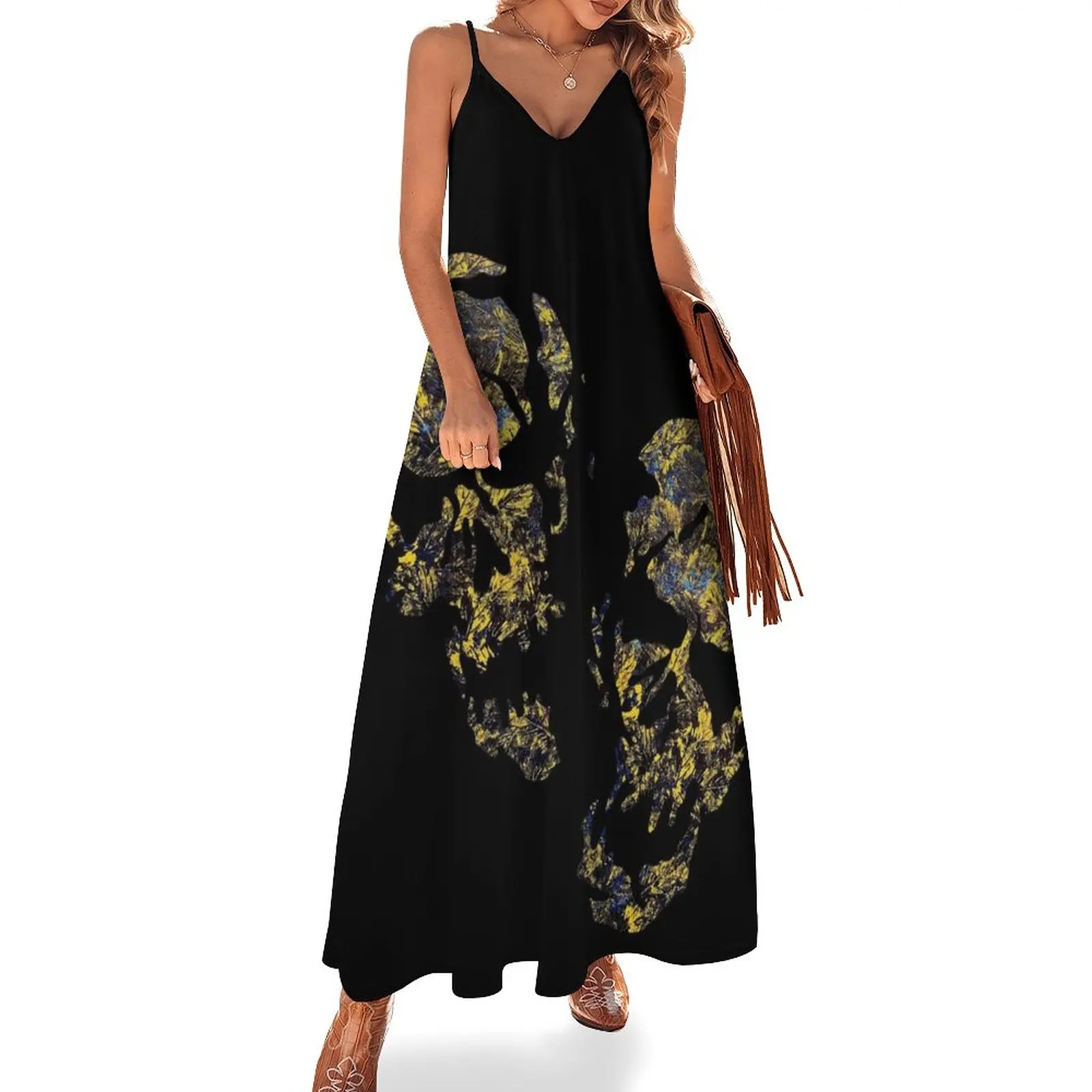 

New Golden leaves in darkest skies abstract skulls Sleeveless Dress birthday dress for women women dress
