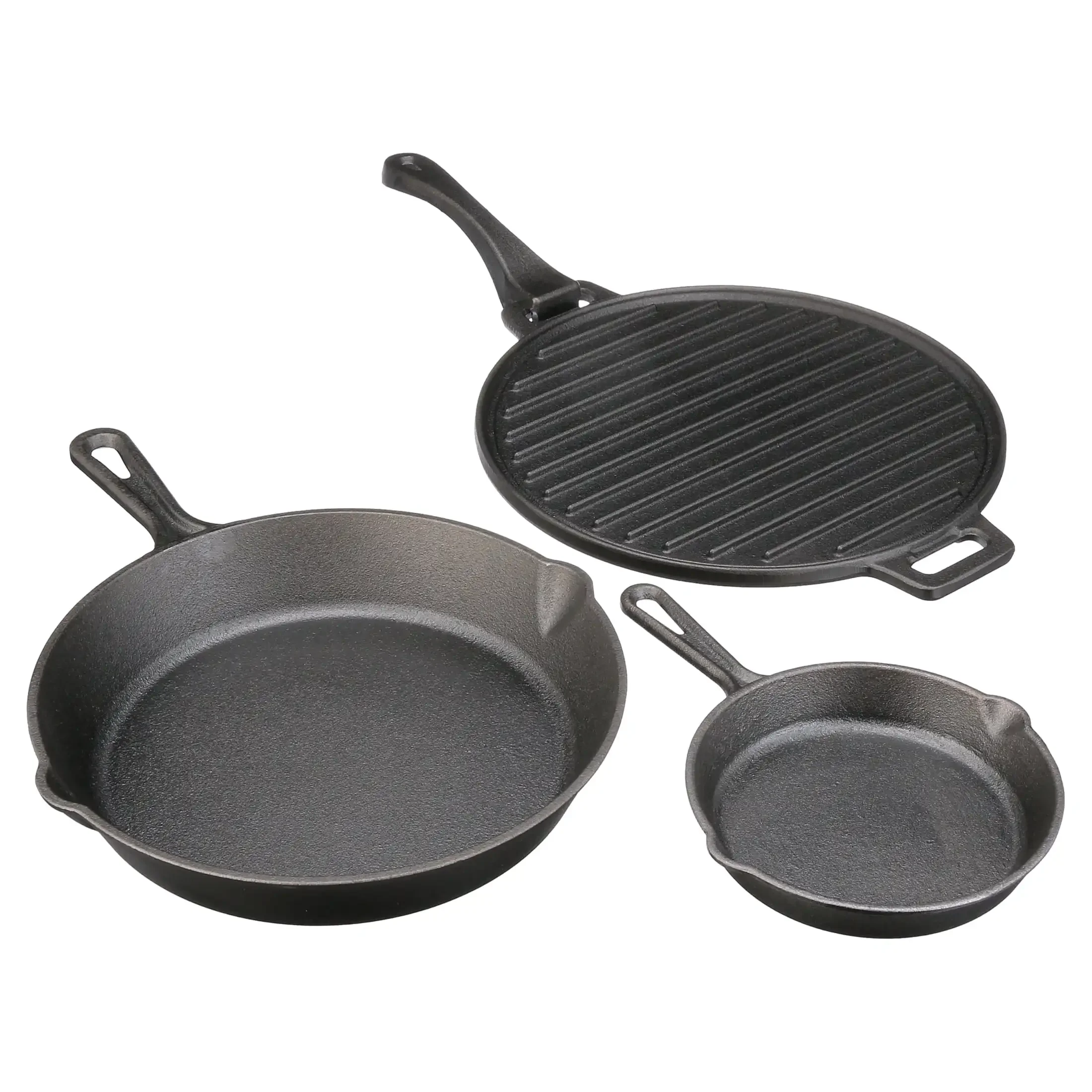 

4-Piece Cast Iron Skillet Set with Handles and Griddle, Pre-Seasoned, 6", 10.5", 11"