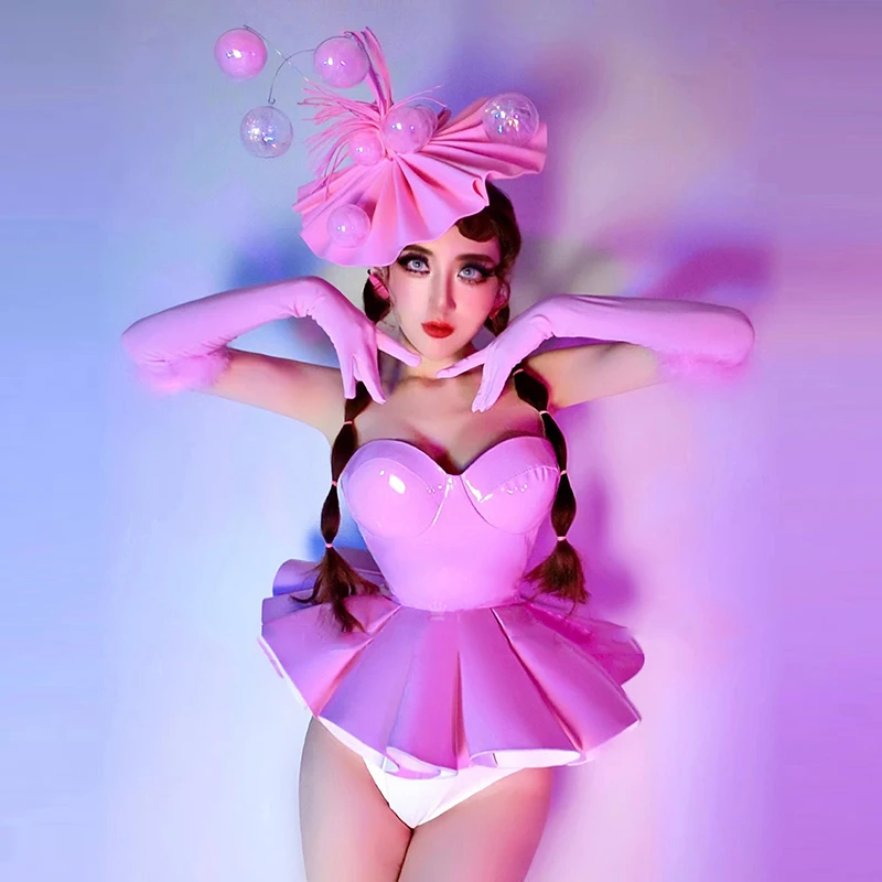 

Sexy Pink Patent Leather Dress Nightclub Gogo Dance Costume Female Dancer Singer Stage Wear Ball Headdress Rave Outfit VDB5622