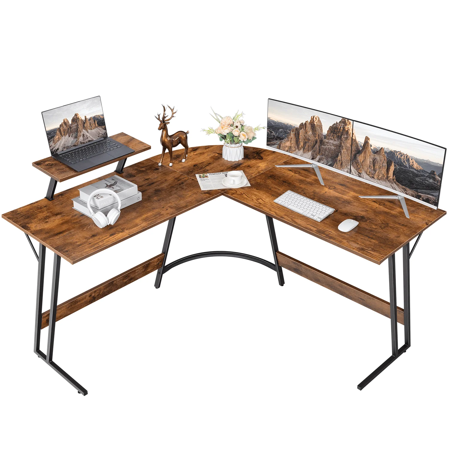 L-Shaped Computer Desk Modern Corner Desk with Small Table,Rustic Brown