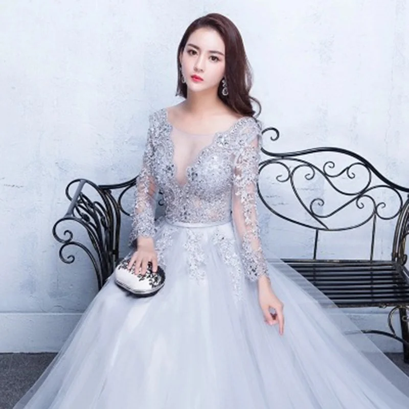 long formal dresses for women Elegant sexy V-neck evening dress lace wine red toast Dress Small Tail annual meeting host long sleeve dinner dress long evening dress