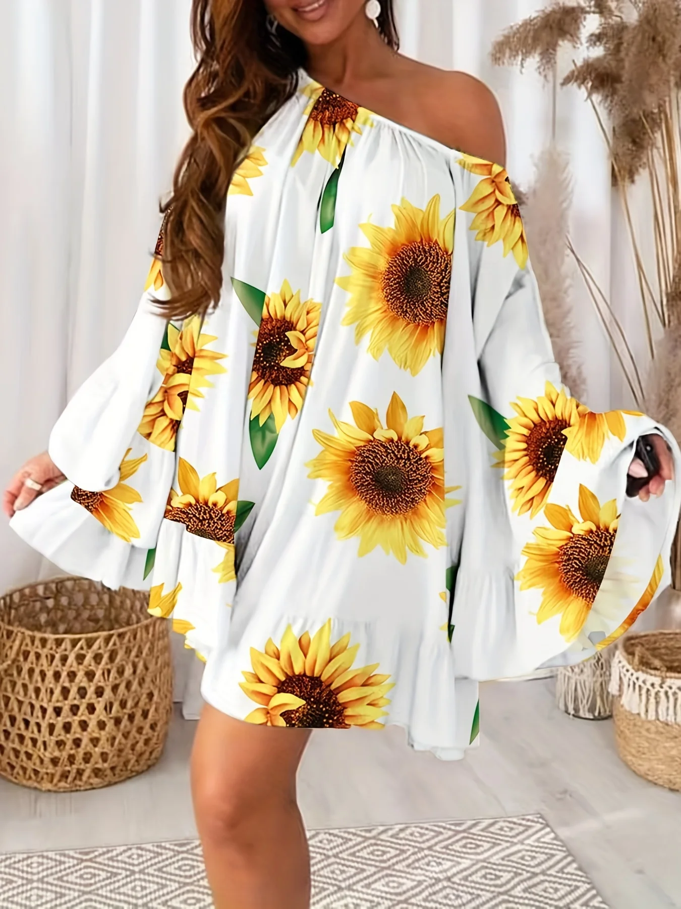 Vestido-de-manga-acampanada-con-estampado-de-girasol-informal-hombros ...