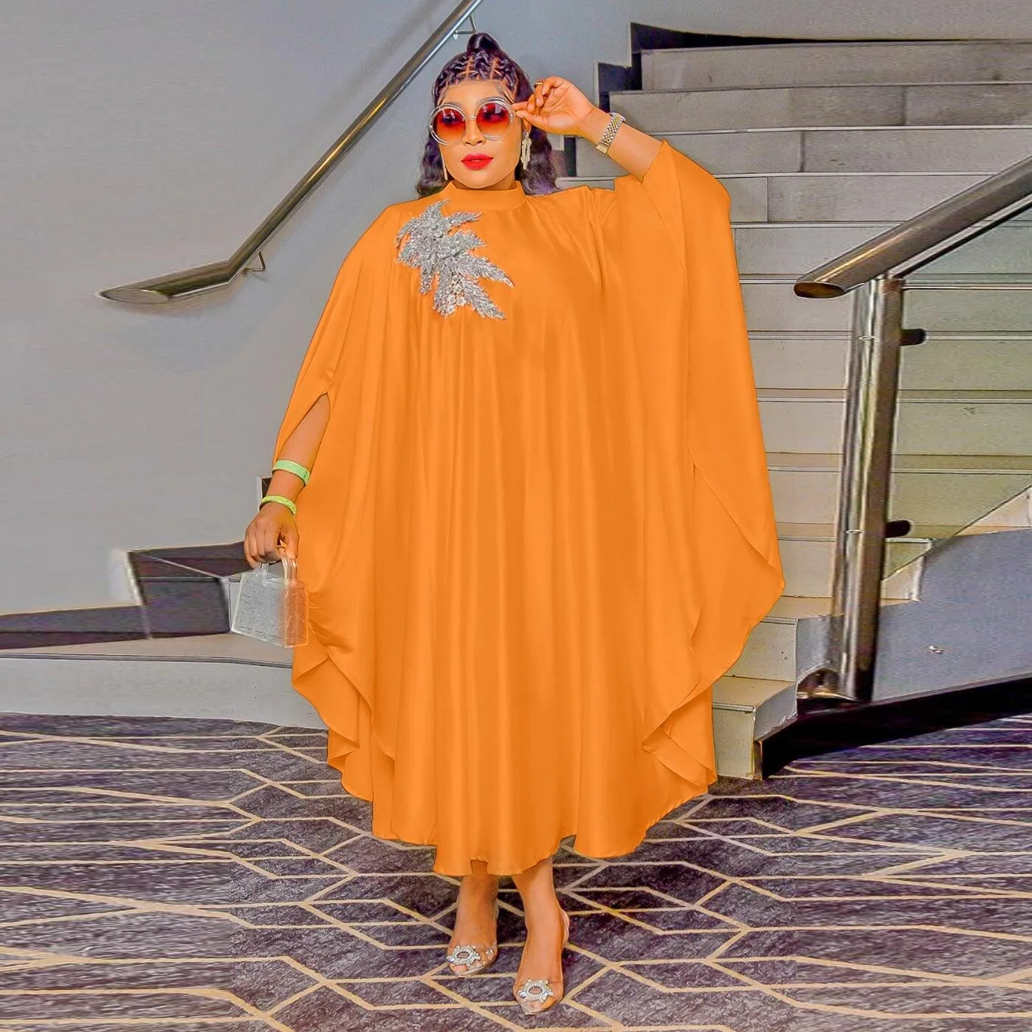 

Summer Loose Fit Dress Women Casual Solid Round Neck Embroid 3/4 Sleeve Ruffle Maxi Dress Women
