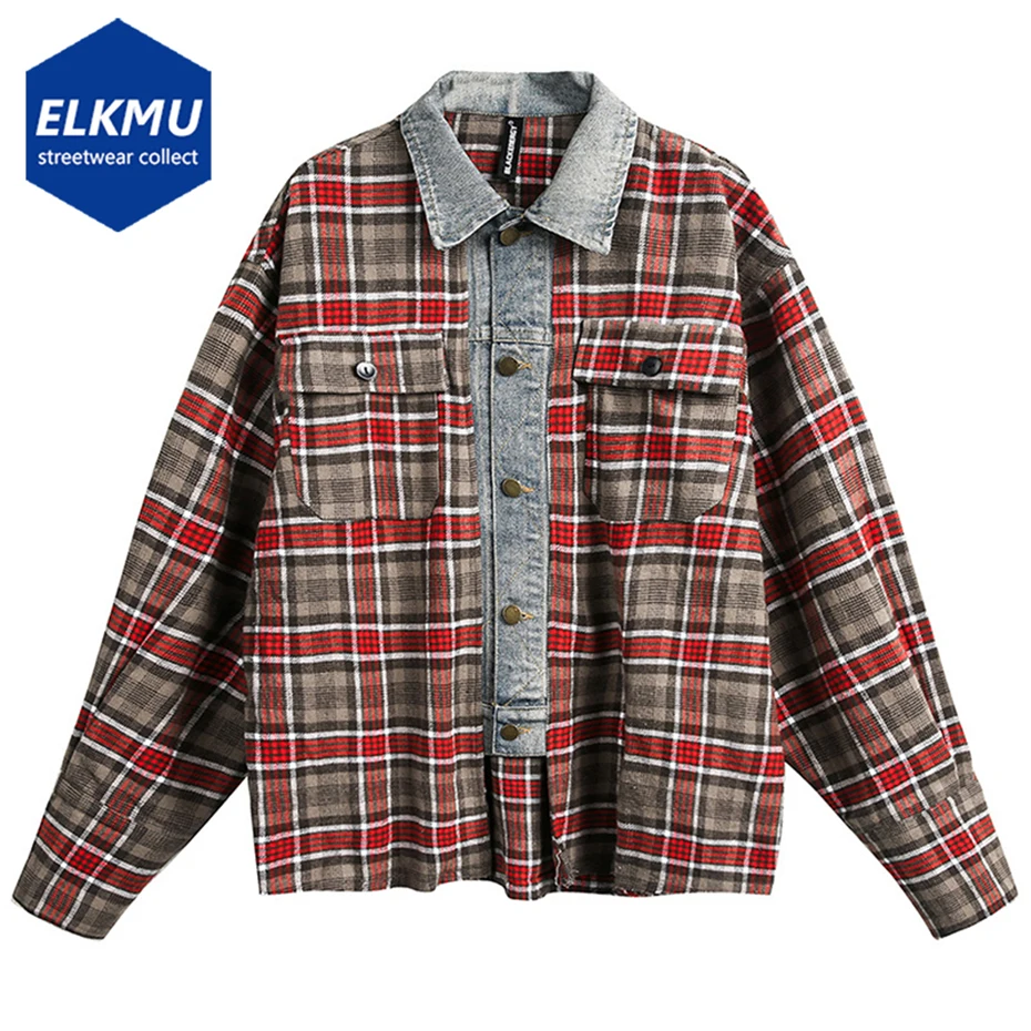 Men's Hi Street Shirts Vintage Denim Patchwork Plaid Shirts Long Sleeve Button Up Blouse Streetwear Hip Hop Oversized