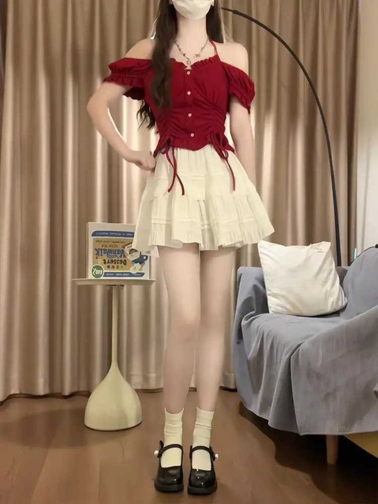 Japan Set Short Skirt Shirt Tops Red Cute Kawayi 2024 Women Fashion New Sexy Short Crop Holiday Solid Color Casual  Blouse Girls