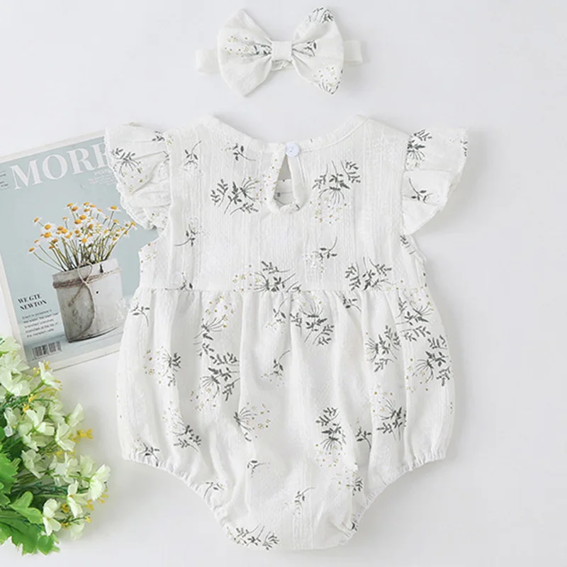 2024 New Summer 0-24M Children Clothes Infant Baby Girls Bodysuits Flying Sleeve Cotton Printing Korean Style Climbing Suit