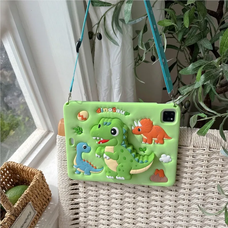 3D Dinosaur Silicone Shockproof Kids Carry Case with Stand and Shoulder Strap