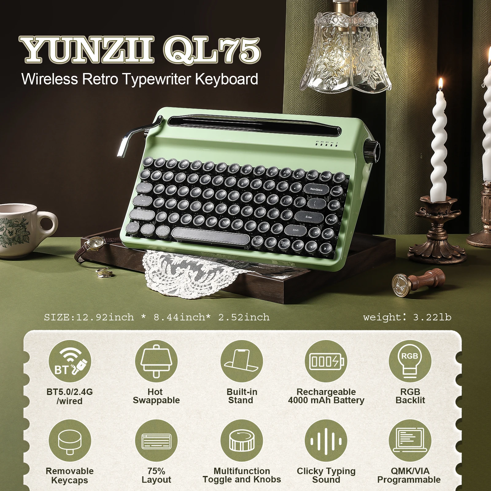YUNZII QL75 Green Wireless Typewriter Mechanical Keyboard, Retro