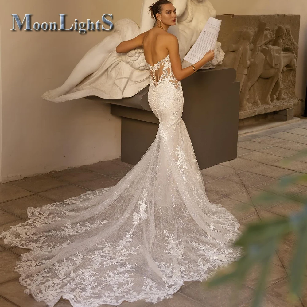 Moonlight Glitter Sweetheart Wedding Dresses Button Sleeveless Lace  Appliques Mermaid Bridal Gown Vestido De Noiva Customized - AliExpress 320