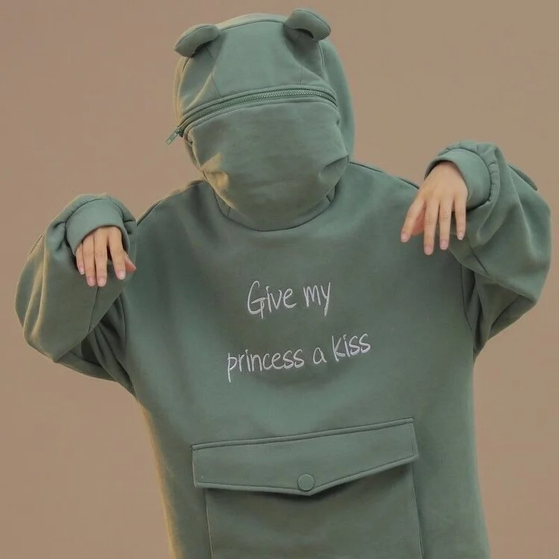 

2023 Autumn Thick Loose Sweatshirt Harajuku Letters Printed Patchwork Cute Frog Aesthetic Casual Hoodies Female Thicken Pullover
