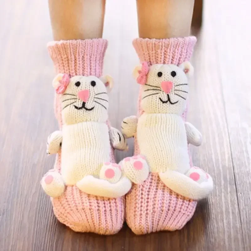 Winter Thick Woolen Socks Thicken Warm Socks Slippers Women Non-slip Foot Warmer Snow Funny Cute Cartoon Animals Prints Socks 3D