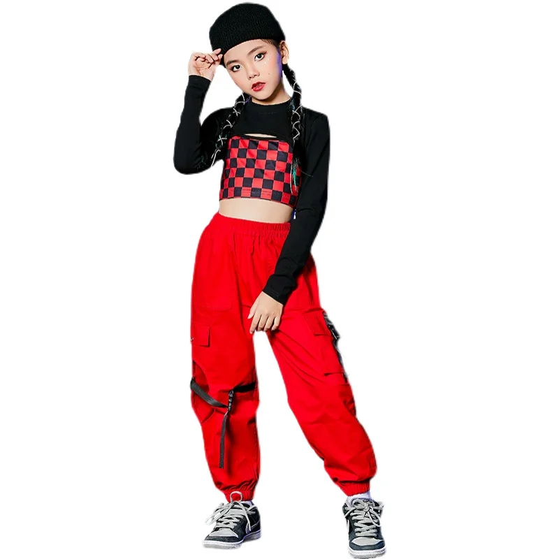 Hip Hop Dance Clothing For Girls Black Crop Tops Red Pants Street Dance Outfits Jazz Modern Stage Costumes DQS8761