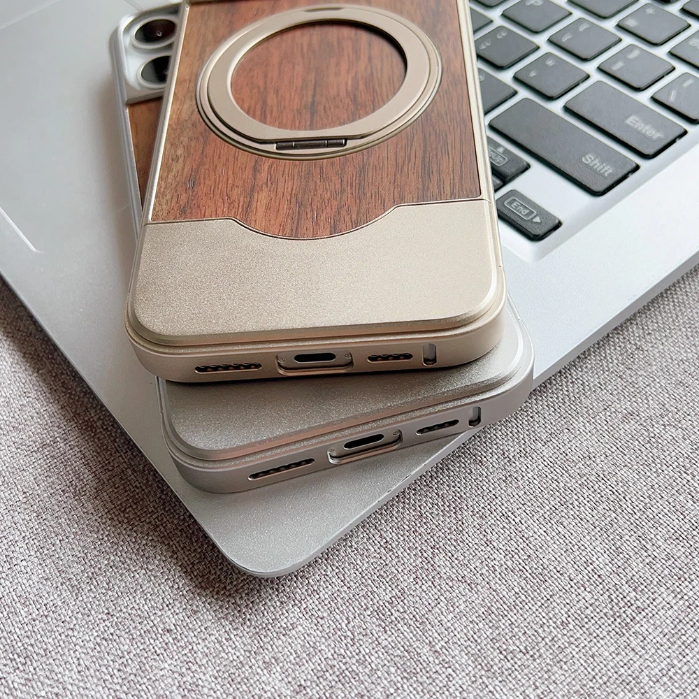 Alloy Wood Hybrid Phone Case with 360° Rotating Metal Stand and Magnetic Matte Finish