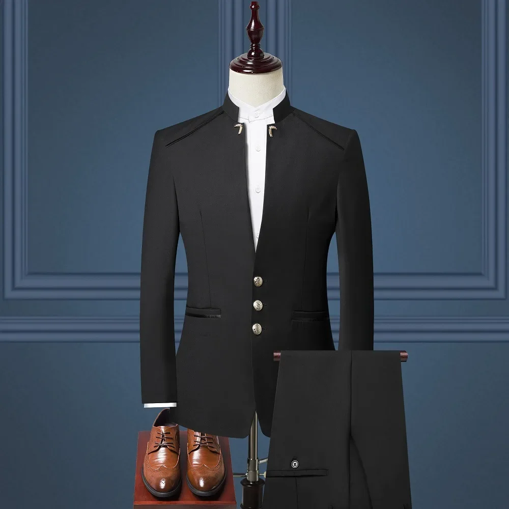 new youth Zhongshan performance Chinese standing collar slim-fit men\'s western dress wedding Tang suit traje formal para hombre