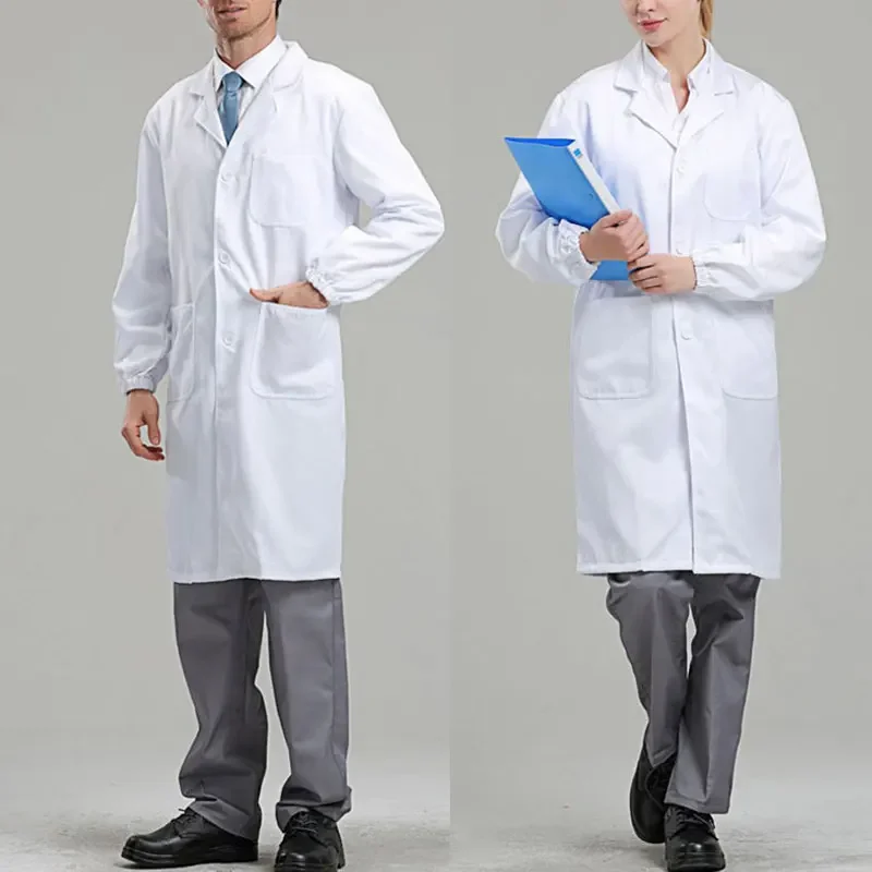 

Women Men Unisex Long Sleeve White Lab Coat Notched Lapel Collar Button Down Medical Nurse Doctor Uniform Tunic Blouse