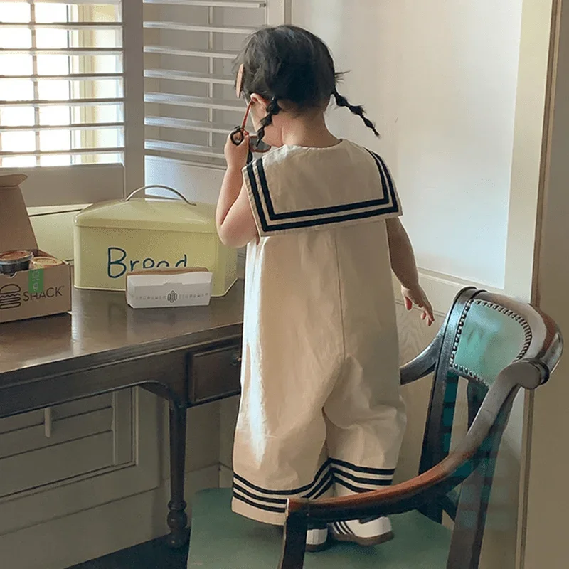 

Fashion Baby Girl Casual Jumpsuit Infant Toddler Child Sleeveless Playsuits Loose Wide Leg Navy Collar Summer Baby Clothes 1-10Y