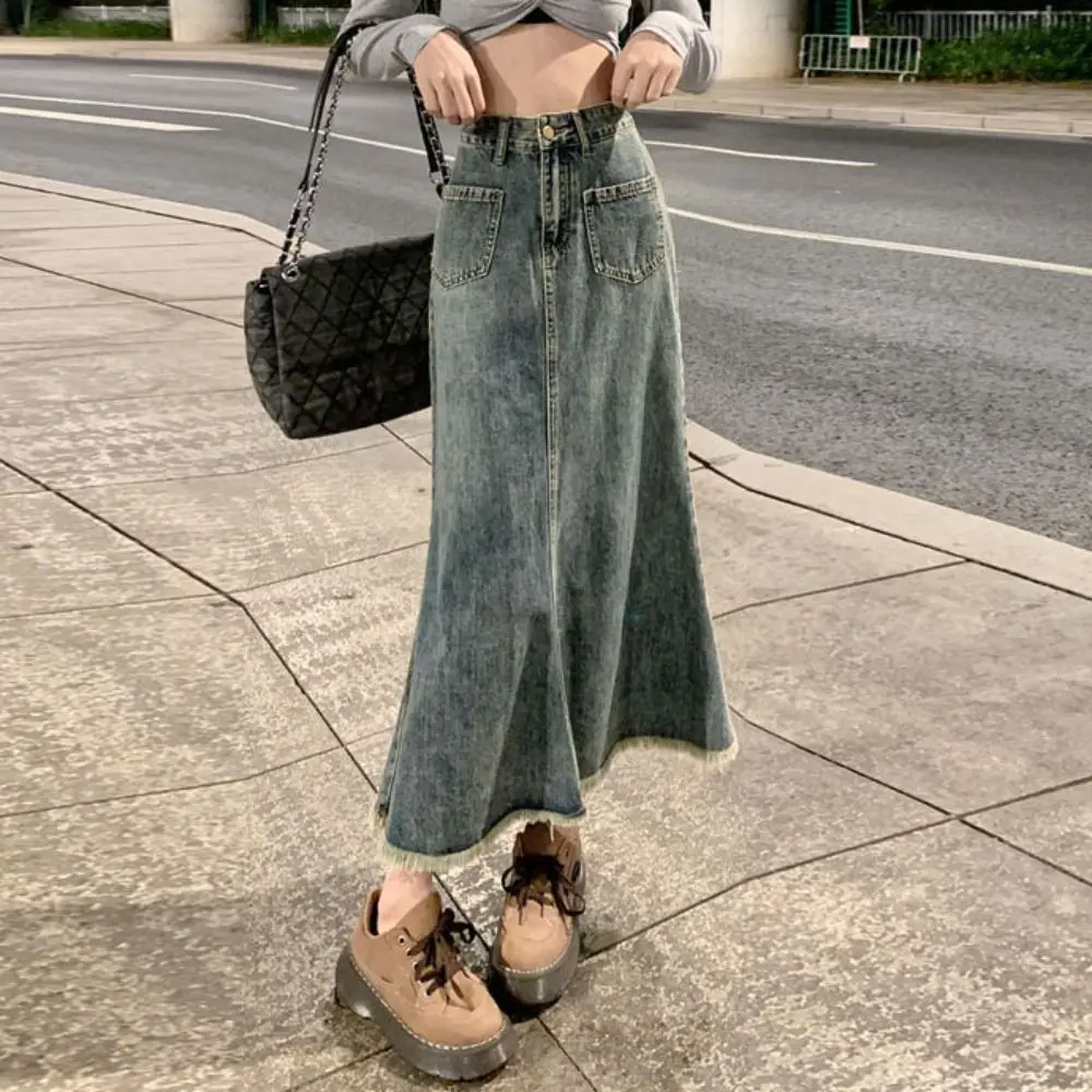 Fashion High Waist Denim Skirt Women Solid Color Chic High Waist Long Skirt Loose Retro A-line Half Dress Daily