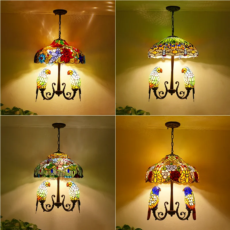 

New European Room Restaurant Parrot Chandelier Creative Straw Hat Rose Colored Glass Wrought Iron Lamp LED Light