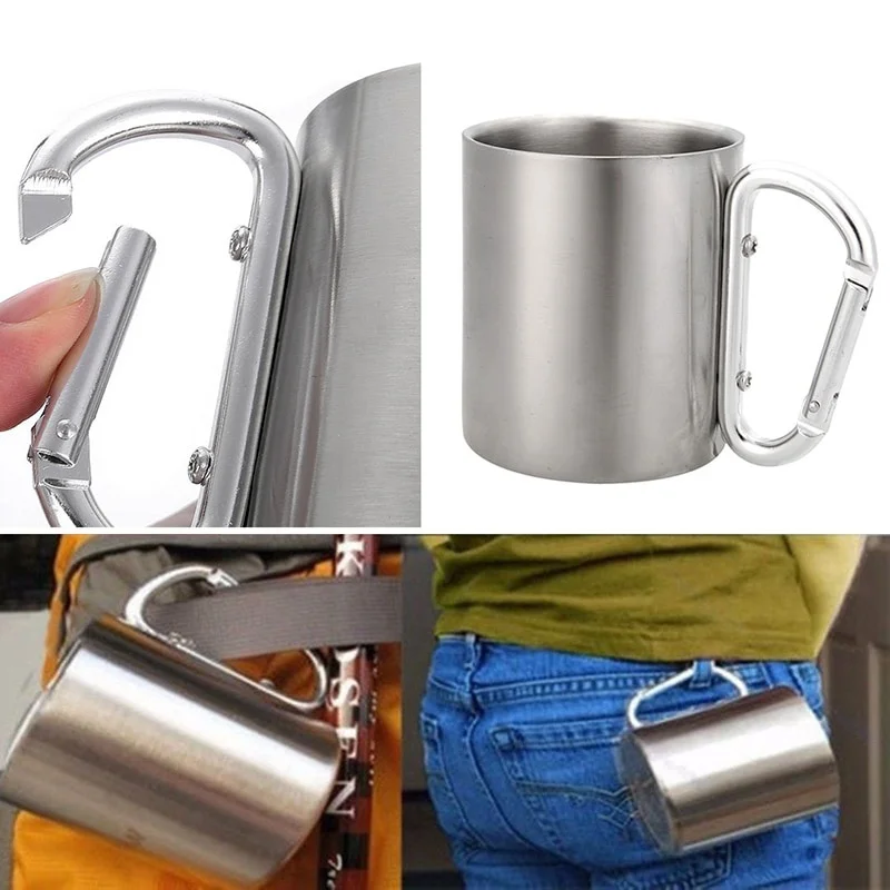 Stainless Steel Travel Tumbler with Self-Locking Carabiner Handle - 300ml