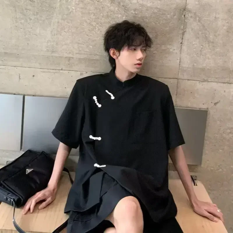 Chinese Style Black White Disc Button Irregular Short Sleeve Tang Suit Blouse Man Summer Fashion Casual Shirt Kung Fu Uniform