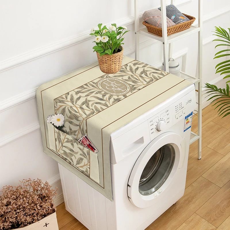 Nordic Style Washing Machine Cover Waterproof Dust Protective Mat Leaves Patterns Microwave Dust Cover with Storage Pocket