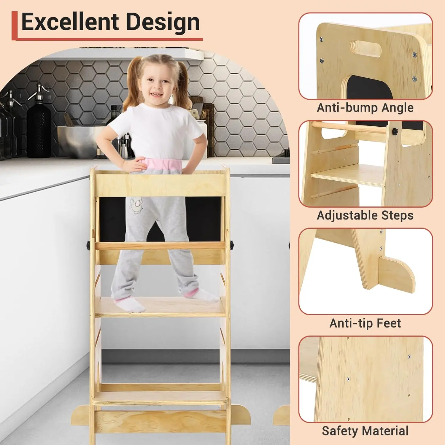 Holz-Küchenhocker für Kinder mit Verstellbarer Höhe, Sicherheitsgeländer und Tafel - Lernhocker für Kleinkinder – Detail 7