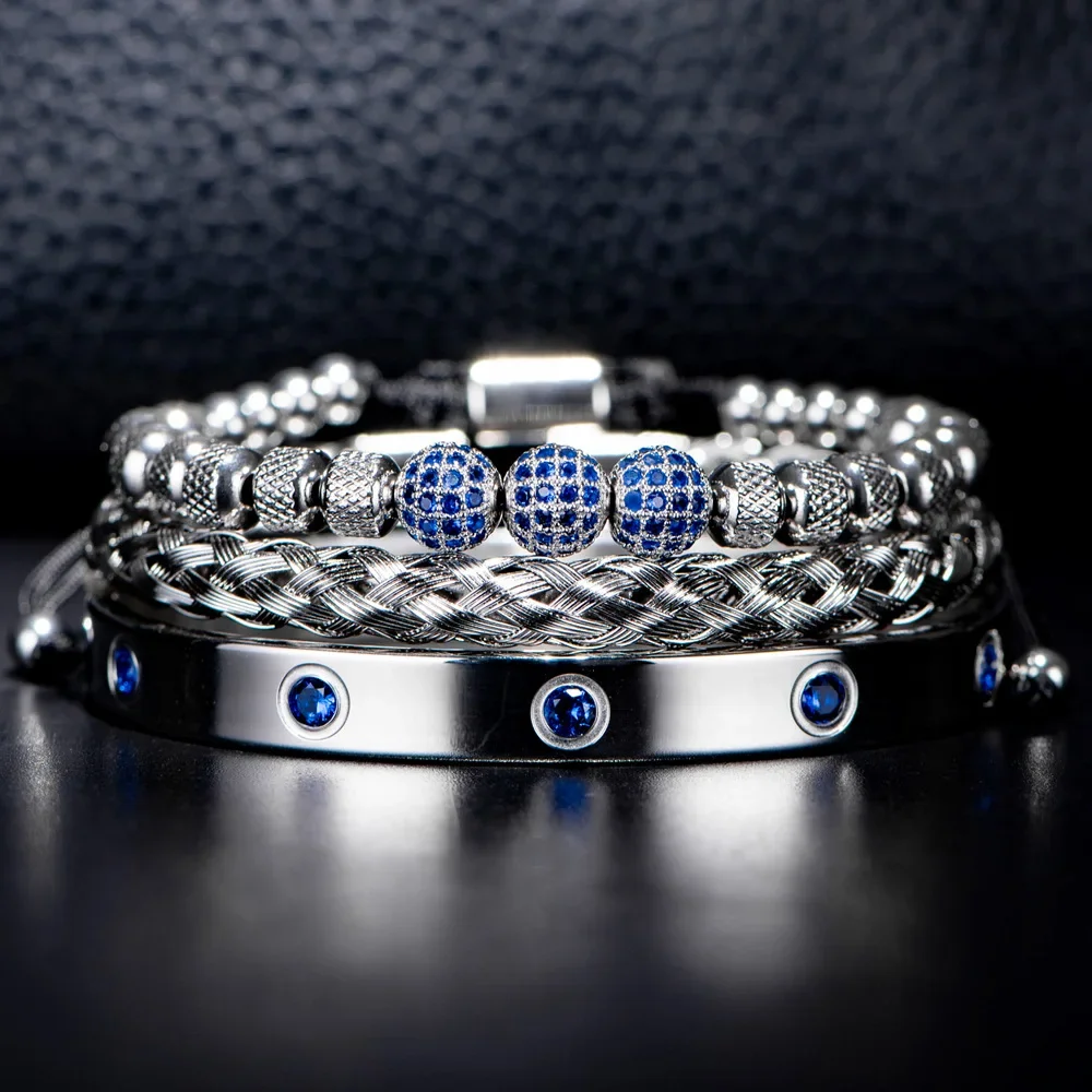 

Trendy Men's Bracelet on Hand Stainless Steel Blue Zircon Ball Crown Fried Dough Twists Bracelet Set Metal Chain Gifts