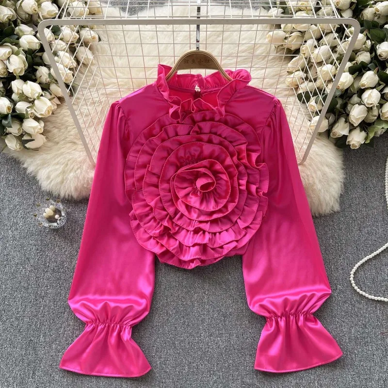 Women Long Sleeve Shirt High Collar Blouse Lantern Sleeve Summer Thin 3D Floral Tops High-end Fashion Womenswea Office Lady